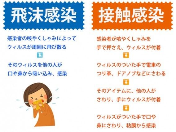 拡大画像: 飛沫感染と接触感染