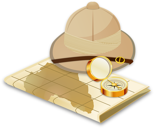 地図と方位磁石とハット