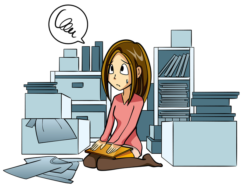 散らかっている部屋でたたずむ女性のイラスト