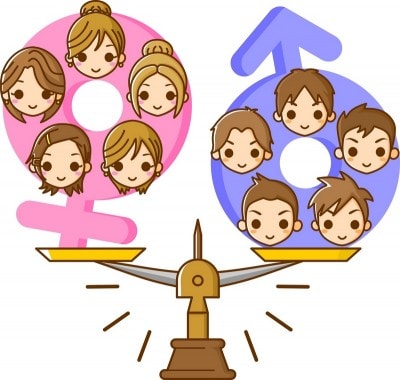 男女が天秤にかけられている