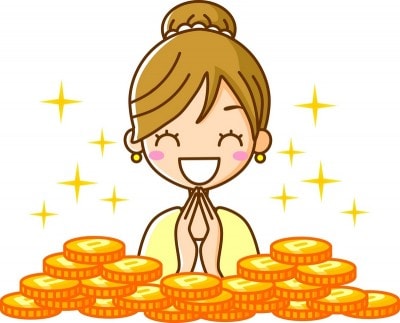 お金を前に喜んでいる女性のイラスト
