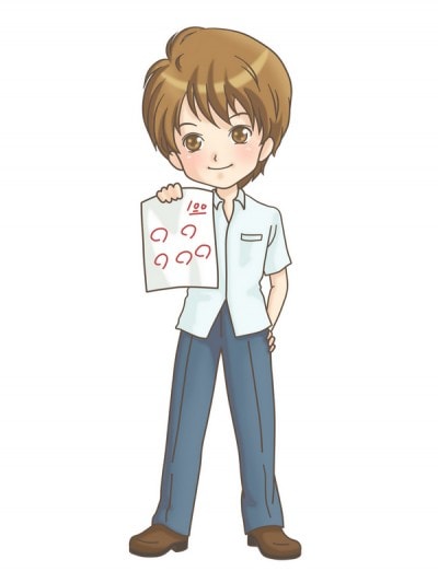 100点を自慢している男性